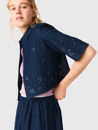 Broderad kort denimskjorta