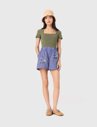 Broderade randiga bomullsshorts