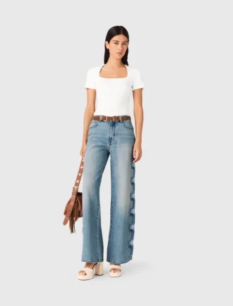 Jeans med breda ben och blommig broderi