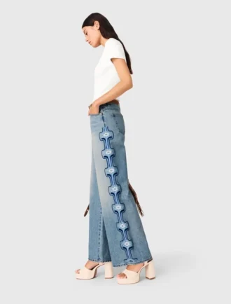 Jeans med breda ben och blommig broderi